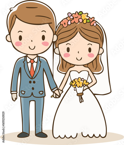 Cartoon illustration of a happy couple in wedding attire, holding hands.