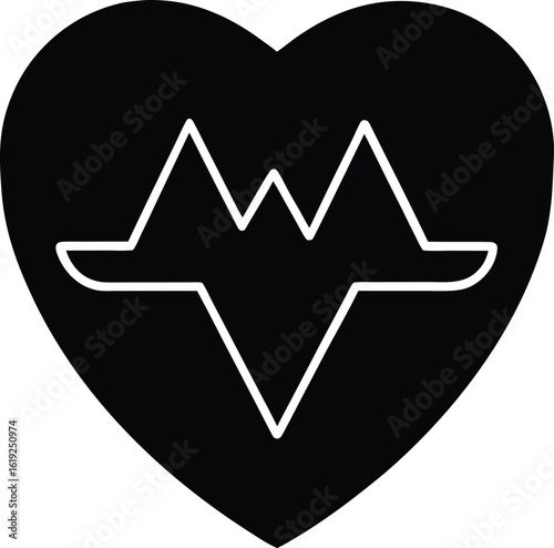 Black heart shape with white electrocardiogram line inside cardiology