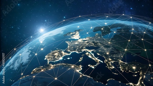 Global Network Connecting Europe with City Lights from Space View