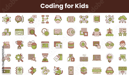 A colorful, playful set of illustrations focused on coding concepts designed for kids, featuring robots, trophies, and various tech-related icons.