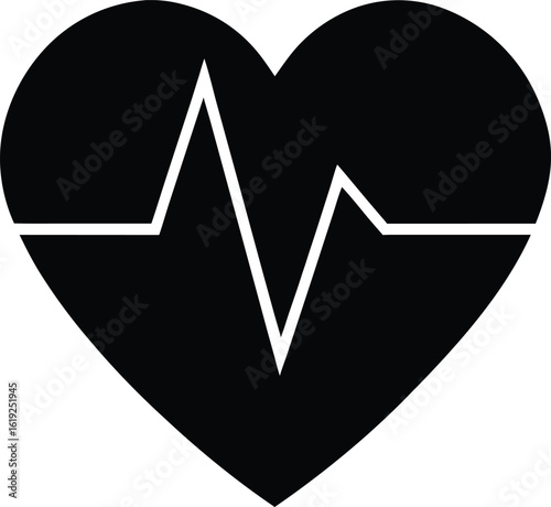 Black heart shape with white electrocardiogram line inside heartbeat 3