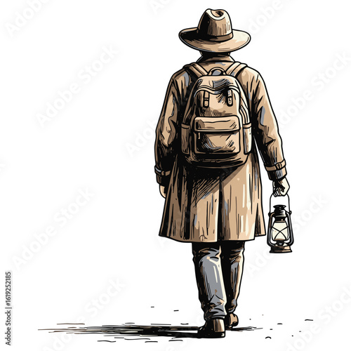 Illustration of Explorer Walking with Lantern and Backpack in Vintage Style adventure