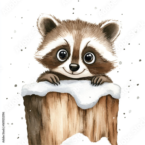 Cheerful Raccoon Peekaboo from Snowy Stump