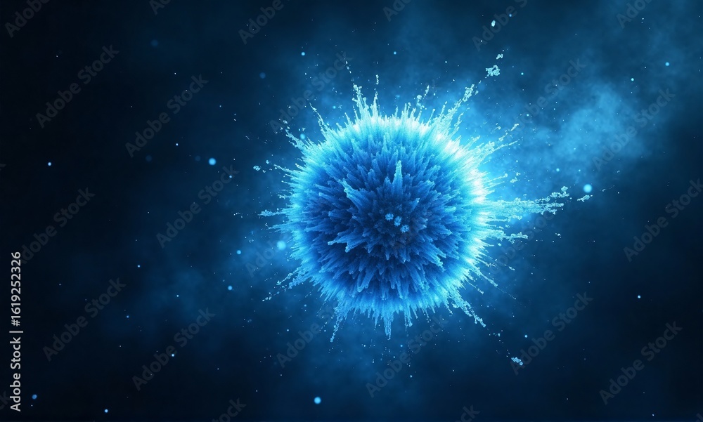 Fototapeta premium A vibrant blue sphere, resembling a microscopic organism, explodes with energy, radiating light and particles against a dark backdrop. Its intricate surface details suggest complexity and power.