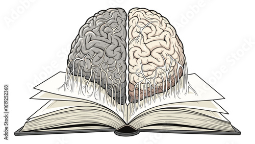 Open book with a human brain, knowledge and creativity illustration for education themes