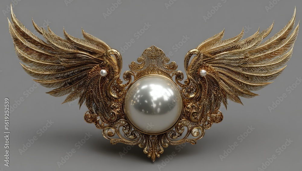 Naklejka premium Golden winged pearl brooch, ornate design, gray background, jewelry design