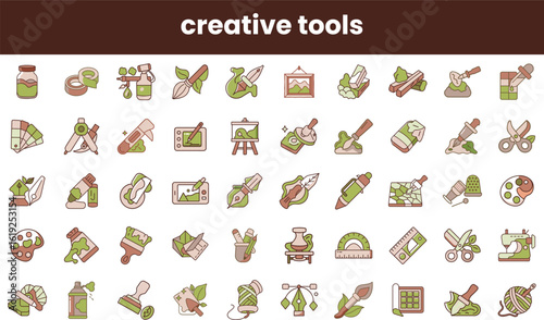 A vibrant collection of creative tools illustrated in varying styles. Ideal for design projects or artistic themes, showcasing a lively range of colors and icons.