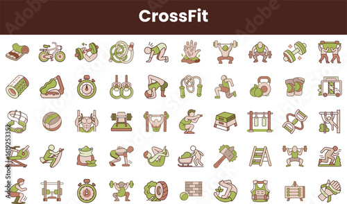 A vibrant collection of CrossFit icons showcasing various exercises and equipment, emphasizing strength training and fitness in a playful, colorful style.