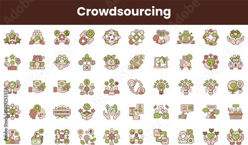 A collection of colorful icons representing crowdsourcing concepts, including teamwork, contributions, and community engagement, ideal for digital or print use.