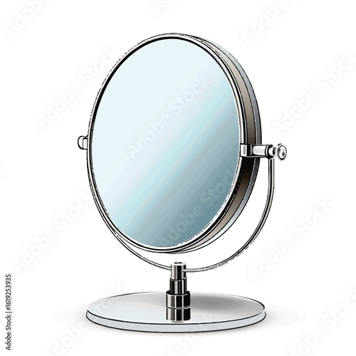 Chrome framed round vanity mirror with adjustable stand and reflective surface