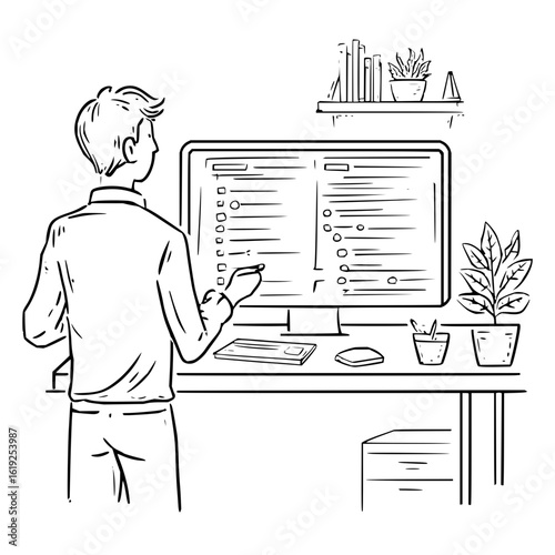 Man standing and pointing at a large computer screen with lists on a desk with plants and books on shelf