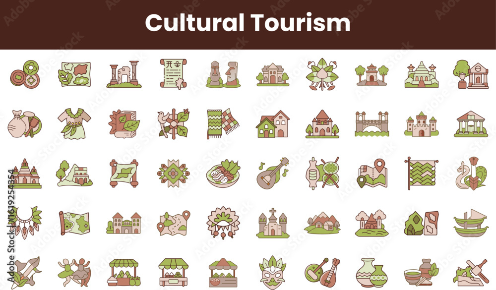 Fototapeta premium A vibrant collection of cultural tourism icons, featuring traditional attire, landmarks, and artifacts, showcasing the essence of rich cultural heritage.
