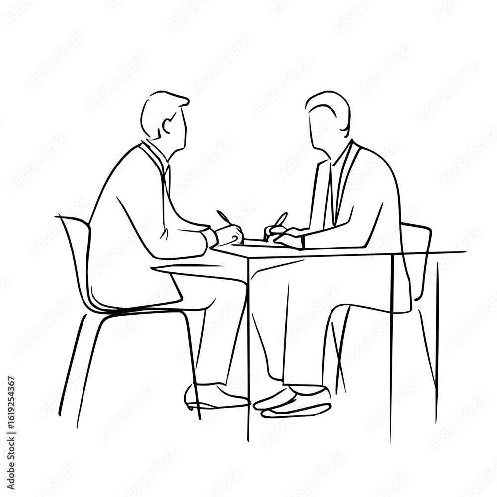 Two people sitting at a table writing with pens in a minimalist line drawing style illustration art Two people sitting at a table writing with pens in a minimalist line drawing style illustration art