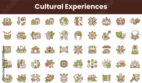A colorful and diverse collection of cultural experience icons representing various traditions, arts, and festivities globally, showcasing vibrant designs and intricate details.