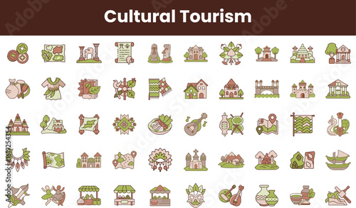 A vibrant collection of cultural tourism icons, featuring traditional attire, landmarks, and artifacts, showcasing the essence of rich cultural heritage.