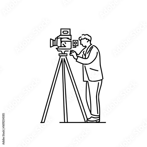 A man in a suit adjusting an old fashioned camera on a tripod in a black and white line drawing style