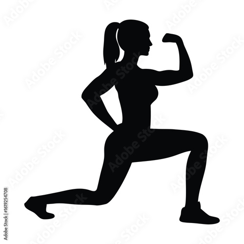 Woman fitness silhouette doing lunges and flexing biceps for strength training workout routine