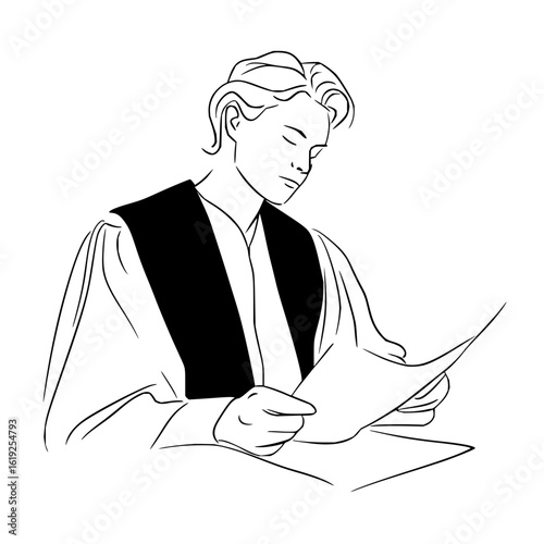 Line art of a person in academic regalia reading documents with focus on the details of the attire