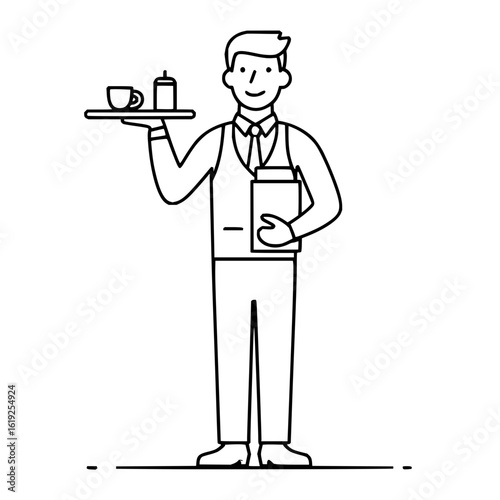 A waiter in uniform holding a tray with a cup and container and a notepad in a line drawing style