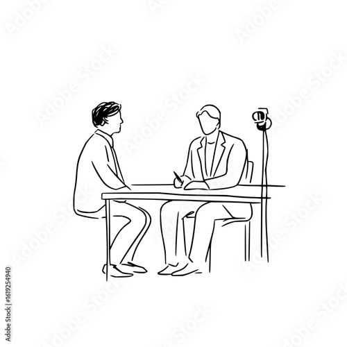 Two people sitting at a table with one person writing and a microphone stand nearby in a sketch style