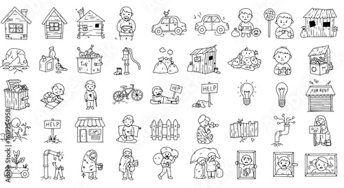 Hand-Drawn Icons of Poverty  Homelessness: A Doodle Collection Illustrating Social Hardship, Hunger, Despair, and Basic Needs Challenges
