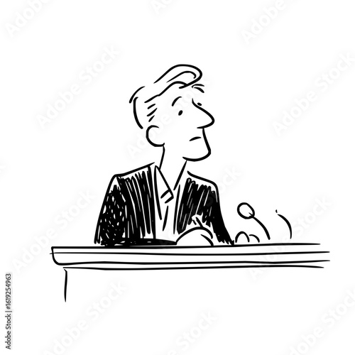 Illustration of a man in a suit standing behind a podium with microphones, looking upwards thoughtfully
