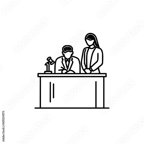 Illustration of a judge with a gavel at a desk and a woman standing behind him in a courtroom scene