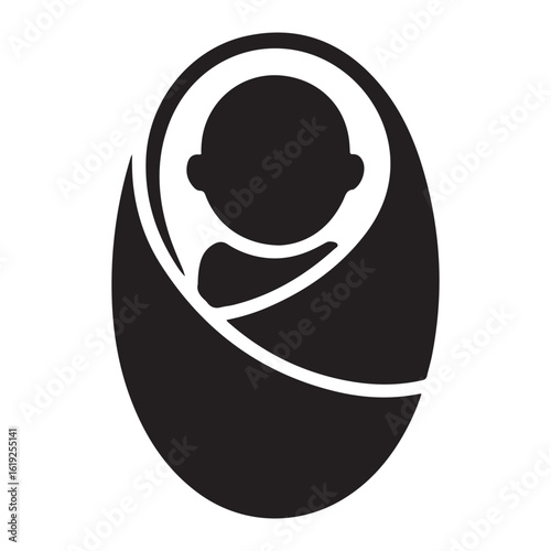 Simple black and white silhouette icon representing a newborn baby swaddled snugly in a blanket