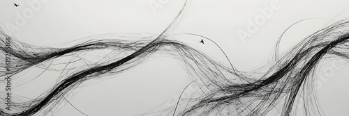 Abstract Black Hair Strands on White Background Artistic Minimalist Design