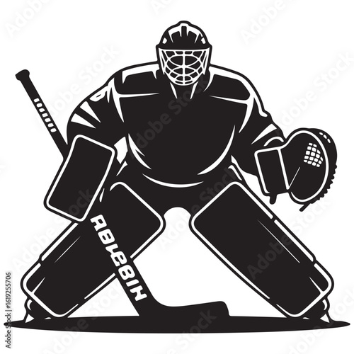 Silhouette of a hockey goaltender in full gear ready to make a save on the ice