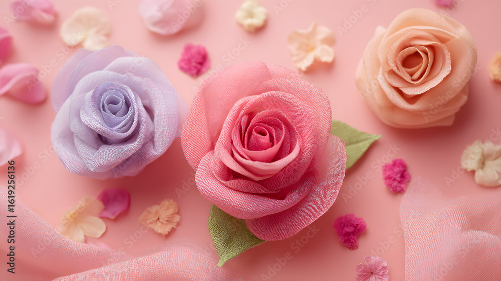 Fototapeta premium Pastel Rose Shaped Fabric Arrangement on Pink Background
