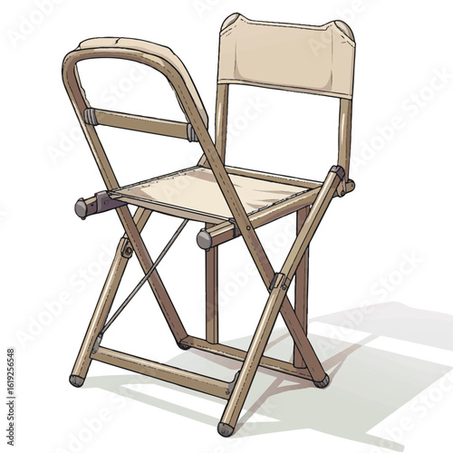 Detailed Illustration of a Foldable Canvas and Wood Camping Chair