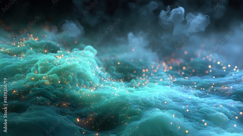 Fototapeta premium Digital simulation depicting carbon dioxide gas interacting with ocean water generating vibrant glowing bicarbonate ions amid dynamic currents.