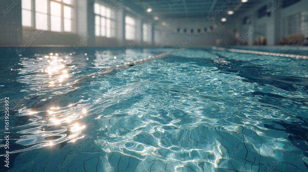 Obraz premium A serene indoor swimming pool with shimmering water reflecting light, creating a calming atmosphere.