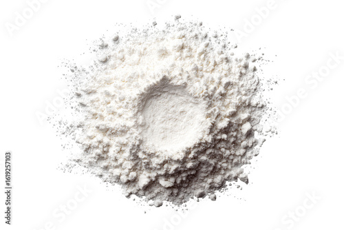 A top-down view of a mound of white flour, centered with a hollowed-out well. The flour has a textured, slightly uneven surface, radiating outwards from the central depression