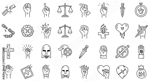 Collection of Doodle Icons: Black and White Line Art Symbols of Protest, Justice, Freedom, Human Rights, Social Issues, Conflict, Religion, and Everyday Objects