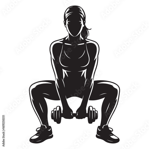 Silhouette of a woman performing a sumo squat with dumbbells showcasing strength and fitness