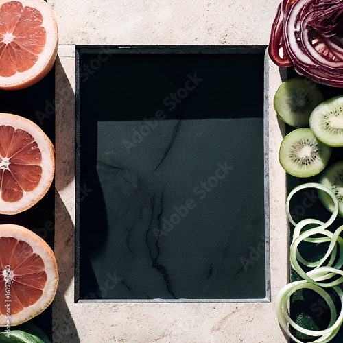 Vibrant Fruit and Vegetable Border with Dark Copy Space