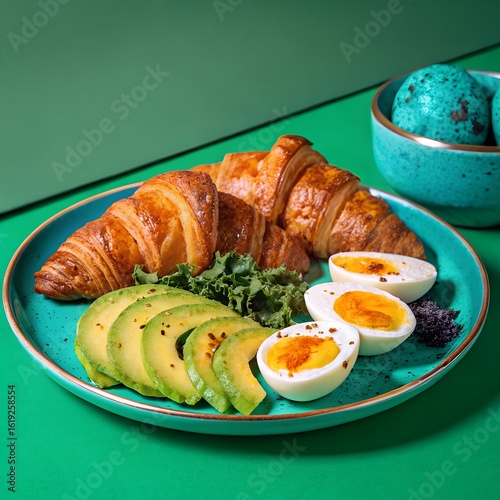 Vibrant Gourmet Breakfast Plate with Croissant and Avocado