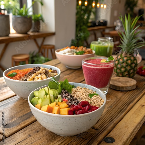 Healthy Plant-Based Buddha Bowls on Wood Background
