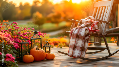 Fototapeta Naklejka Na Ścianę i Meble -  Autumn porch rocking chair with fall decorations