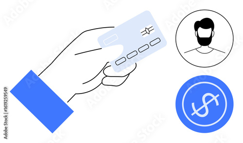 Hand holding a credit card, user profile icon, and dollar symbol suggesting secure payment, user authentication, and financial exchange. Ideal for e-commerce, banking, digital payments, identity