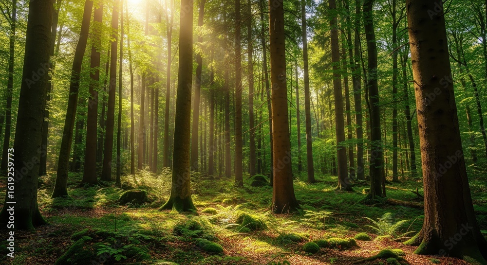 Fototapeta premium Sunlit Forest: Tall Trees, Mossy Ground, and Golden Light Rays