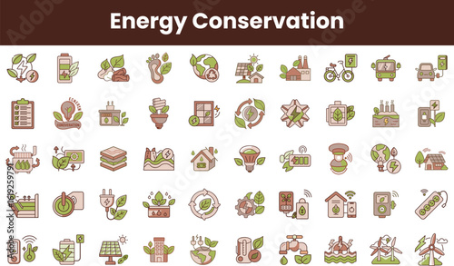 A vibrant collection of energy conservation icons, featuring various symbols representing renewable energy, sustainability, and environmental awareness, ideal for eco-friendly projects.