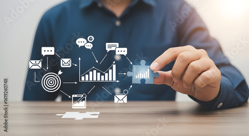 Man completes analytics with puzzle. Data graph in the background. For business reports