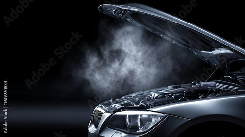 Dramatic close-up of a car engine steaming from under a partially opened hood against a dark background.
