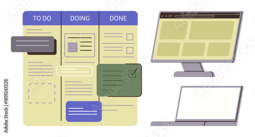 Kanban board chart displaying columns To Do, Doing, and Done alongside a laptop and desktop computer. Ideal for project planning, workflow, organization, productivity, collaboration, task tracking