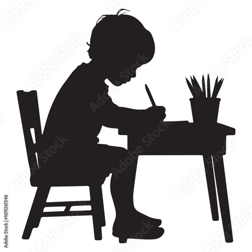 Silhouette of a young child diligently drawing at a desk with pencils in a cup