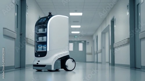 Autonomous delivery robot navigates modern hospital hallway, symbolizing future healthcare efficiency and patient care innovation