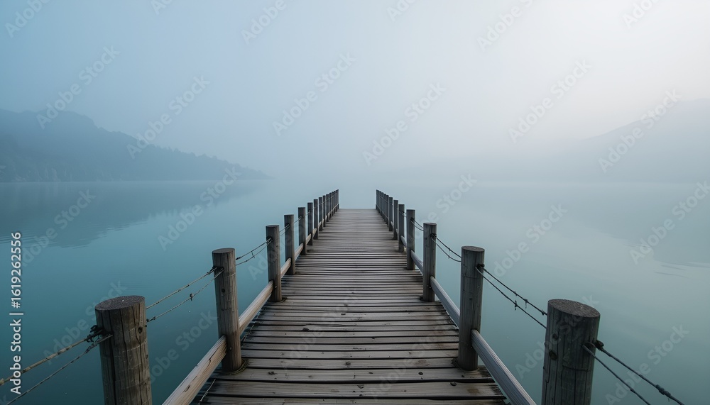 Fototapeta premium A serene wooden pier extends into tranquil lake waters under a misty, ethereal sky.